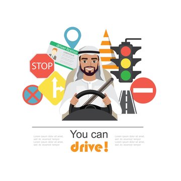 Set of road symbols and driver arab men character