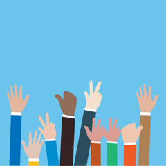 Vector of hand of people shows the gesture of victory on blue background.