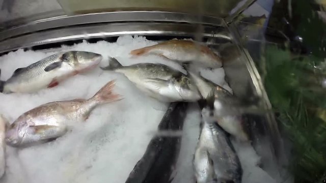 Frozen Sea Fish In Ice / Fresh sea fish on ice at sea food restaurant