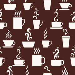 Seamless pattern with cups of hot drinks. Vector.