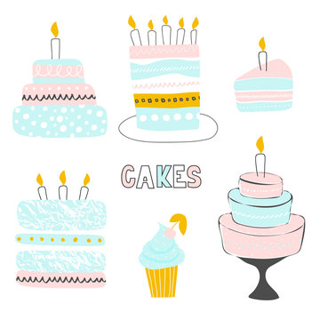 Set of cute hand-drawn cakes with candles.Vector illustration