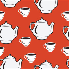 Seamless pattern, teapot with cup on red background