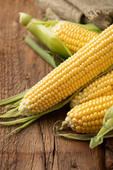 Fresh corn on cobs on rustic wooden table, closeup