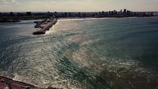 Mar del Plata harbor Argentina – 4k drone video of Cristo Salvador and Playa Grande on the coast in spring time.  Buenos Aires Capital Federal district  