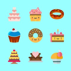 cake icons set. romance, piece, pastry and doughnut graphic works