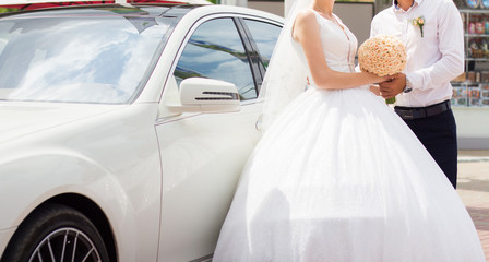 Newlyweds stand near the car