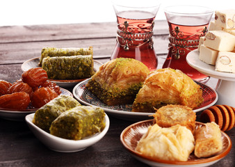 Middle eastern or arabic dishes. Turkish Dessert Baklava with pistachio