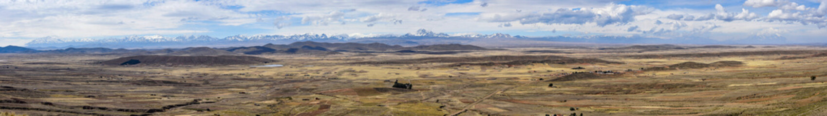 Panoramic view across the altiplano and the mountains of the Cordillera Real, near La Paz, Bolivia