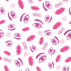 Girly eyes and lips seamless pattern. Vector illustration isolated on white background.