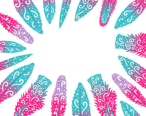 Vector frame Hand drawing ornament of feathers isolated on a white background. Kids bright design