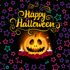 Happy halloween design. Jack pumpkin lantern and candles glowing. Vector illustration with kids design background.