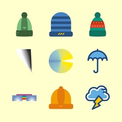 weather vector icons set. rainbow, storm, cloudy weather and winter hat in this set