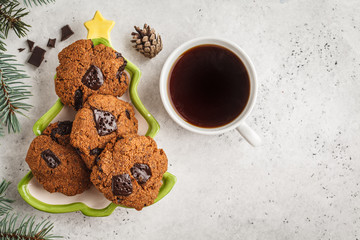 Christmas cookies with chocolate, white background, top view. Christmas background concept.