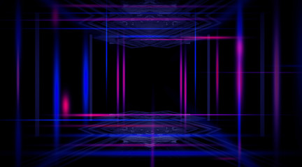 Fototapeta premium Background of an empty black corridor with neon light. Abstract background with lines and glow