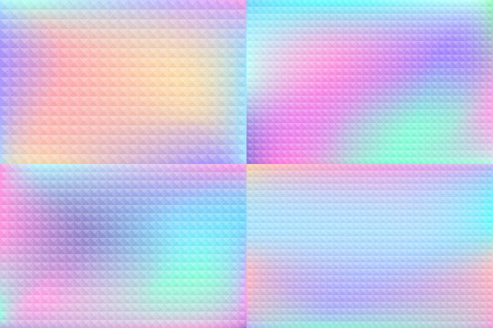Holographic backgrounds set. Smooth multicolor textures. Hologram backdrops. Pastel trendy blurs. Modern vector illustrations for web design, fashion or printed products.