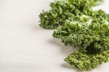 Fresh green leaves of kale on white background.