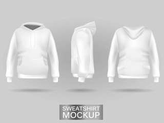 White sweatshirt hoodie without zip template in three dimensions: front, side and back view, realistic gradient mesh vector. Clothes for sport and urban style