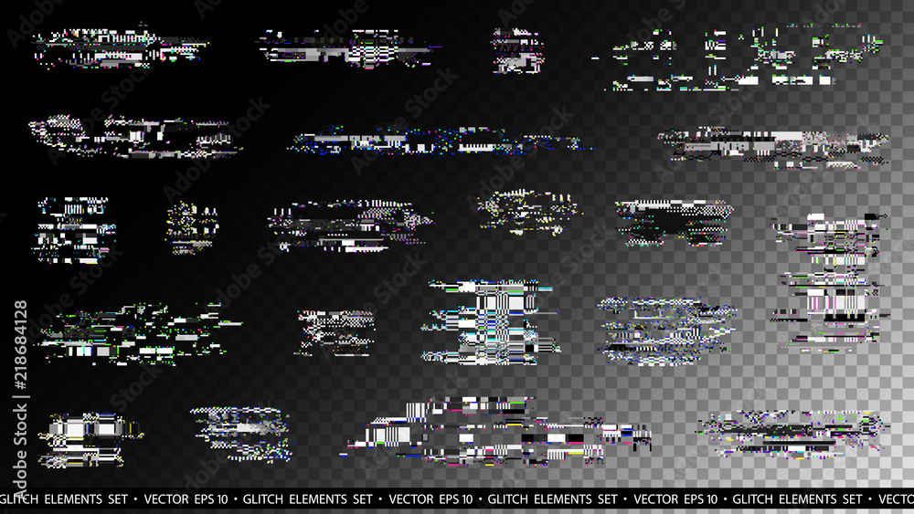 Poster glitch elements set. computer screen error templates. digital pixel noise abstract design. poster de