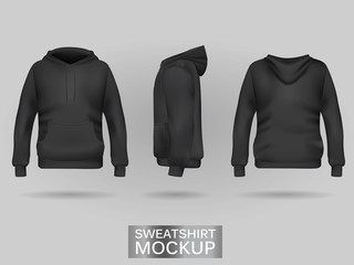 Black sweatshirt hoodie without zip template in three dimensions: front, side and back view, realistic gradient mesh vector. Clothes for sport and urban style