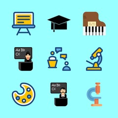 education vector icons set. presentation, piano, male teacher in class and lecture in this set