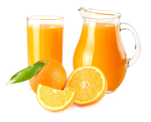 orange juice with orange and green leaf isolated on white background. juice in glass