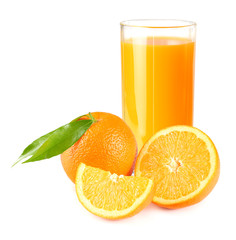 orange juice with orange and green leaf isolated on white background. juice in glass