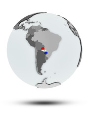 Paraguay on political globe isolated