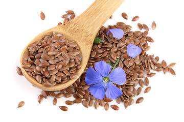 flax seeds in wooden spoon with flower isolated on white background