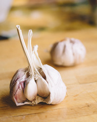 close up the garlic on a wooden cutting board