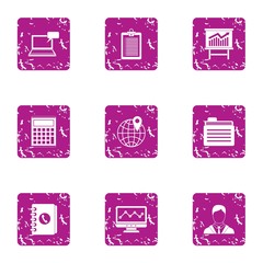 Stockbroker icons set. Grunge set of 9 stockbroker vector icons for web isolated on white background