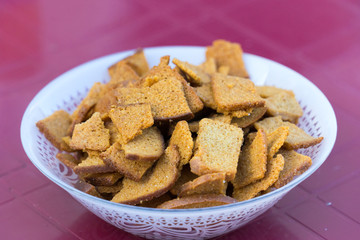 Croutons of black bread. Close-up photo. Place for your text