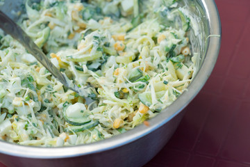 Cabbage salad with corn and cucumbers. Tasty and healthy.
