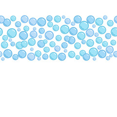 Horizontal decorative line with soap bubbles, background with water beads, blue blobs, vector foam illustration