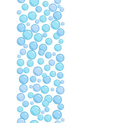 Vertical decorative line with soap bubbles, background with purple water beads, blue blobs, vector foam illustration