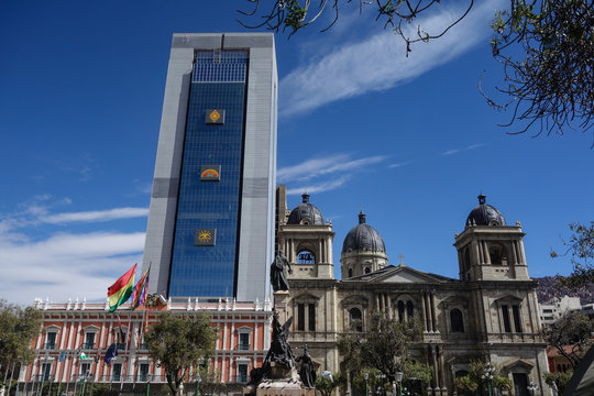 VIew of the new government presidential palace towering over Plaza Murillo in downtown La Paz, Bolivia