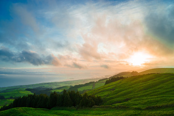 Green field on hill with small pieces of forest during Colorful Sunrise