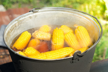 Boil corn in boiling water on a fire.