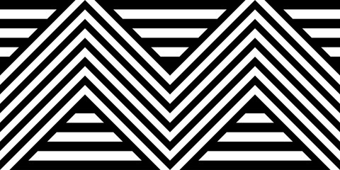Seamless pattern with striped black white straight lines and diagonal inclined lines (zigzag, chevron). Optical illusion effect, op art. Vector vibrant decorative background, texture.