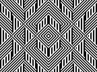 Seamless pattern with striped black white straight lines and diagonal inclined lines (zigzag, chevron). Optical illusion effect, op art. Background for cloth, fabric, textile, tartan.