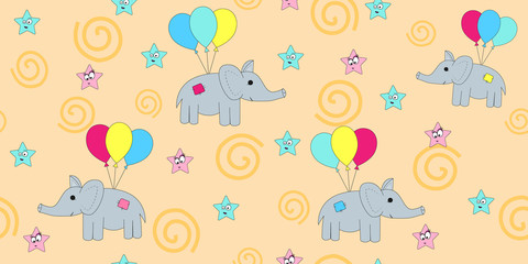 Obraz premium Seamless pattern with cartoon elephants flying on balloons. Vector illustration of a cartoon elephant. Print the child.