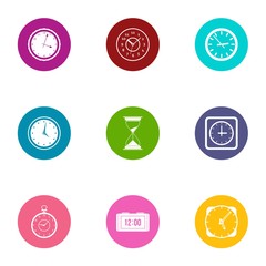 Timepiece icons set. Flat set of 9 timepiece vector icons for web isolated on white background