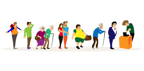 Fat man hipster old young couples kid waiting in long queue at counter vector illustration, people in line