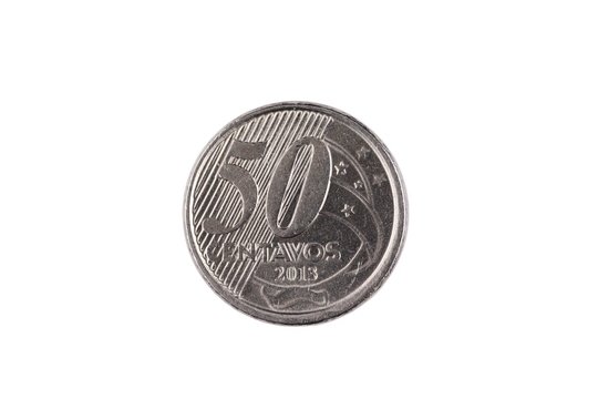 A super macro image of a 50 centavo Brazilian coin isolated on a white background
