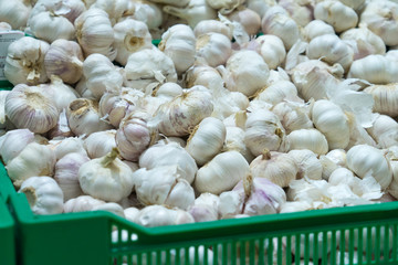 Garlic on the counter of the store.