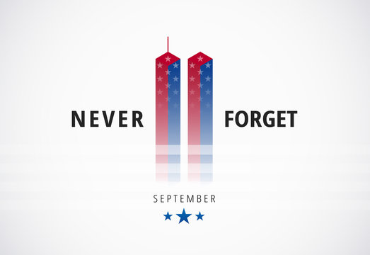 9/11 September 11 attacks conceptual logo banner w/ Never Forget text. Patriot Day United States. USA vector design