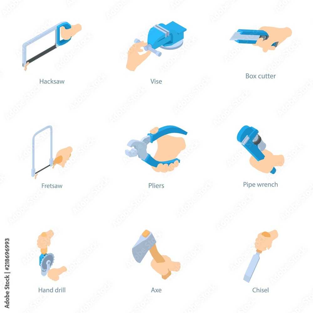Poster working instrument icons set. isometric set of 9 working instrument vector icons for web isolated on