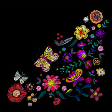 Embroidery ethnic corner pattern with simplified flowers and butterfly. Vector embroidered floral patch for print and fabric design.