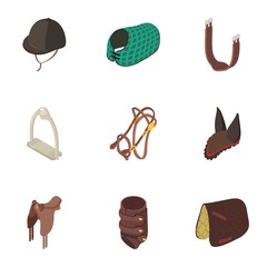 Equestrian icons set. Isometric set of 9 equestrian vector icons for web isolated on white backgroud