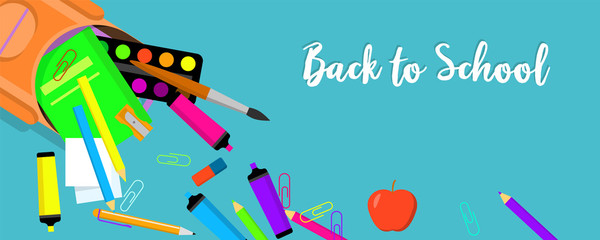 Back to school tools banner horizontal. Flat illustration of vector back to school tools banner horizontal for web design