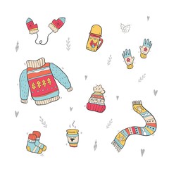 Vector set of cute winter clothes. Sweater, socks, hat, mitten, scarf.